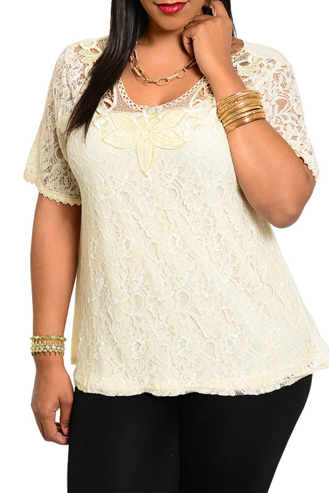 DHStyles.com DHStyles Women's Cream Plus Size Trendy Crocheted Sheer Lace Dressy Top