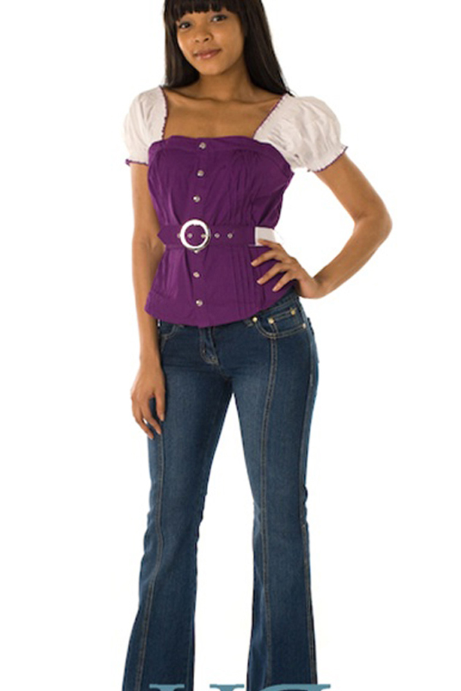 DHStyles.com DHStyles Women's Purple White Smocked Short Sleeve Retro Top with Belt