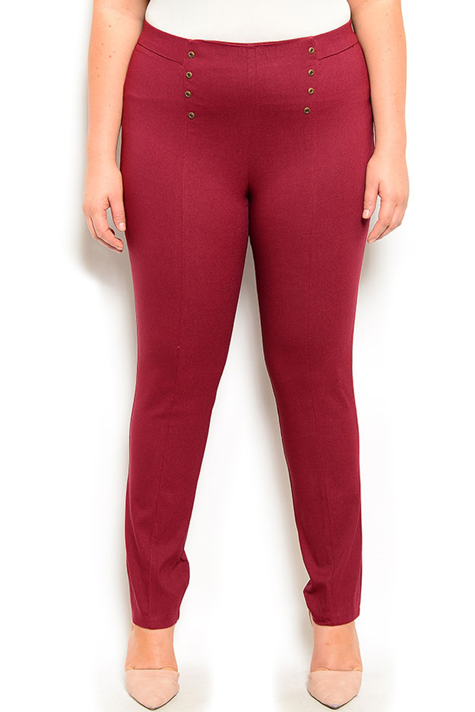 DHStyles.com DHStyles Women's Burgundy Plus Size Casual Fitted Faux Buttons Stretch Knit Skinny Pants - 1X Plus