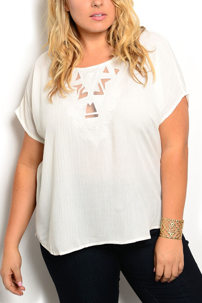 DHStyles.com DHStyles Women's Cream Plus Size Casual Flowy Embroidered Sheer Mesh Tribal Cutouts Top