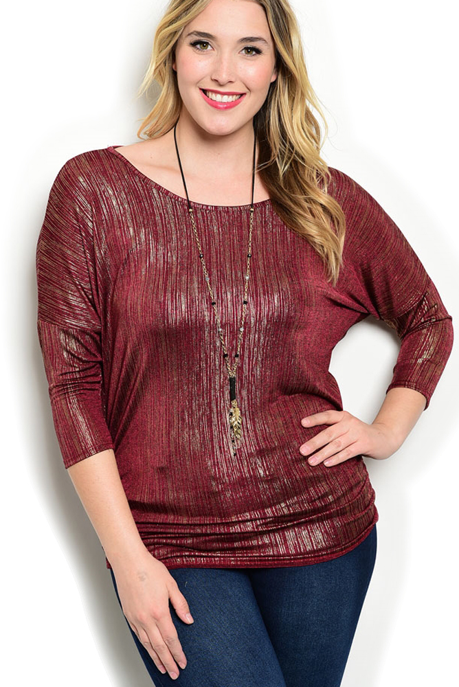 DHStyles.com DHStyles Women's Burgundy Gold Plus Size Sexy Trendy Shimmery Fitted Party Top - 3X Plus