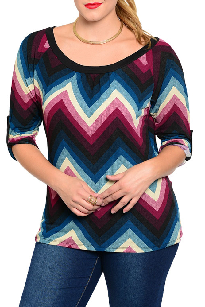 DHStyles.com DHStyles Women's { BEST SELLER } Magenta Teal Plus Size Trendy Dressy Chevron Print Knit Top