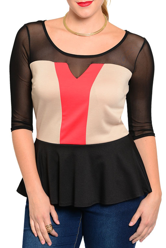 DHStyles.com DHStyles Women's Black Red Plus Size Dressy Peplum Cut Color Block Mesh Overlay Top - 1X