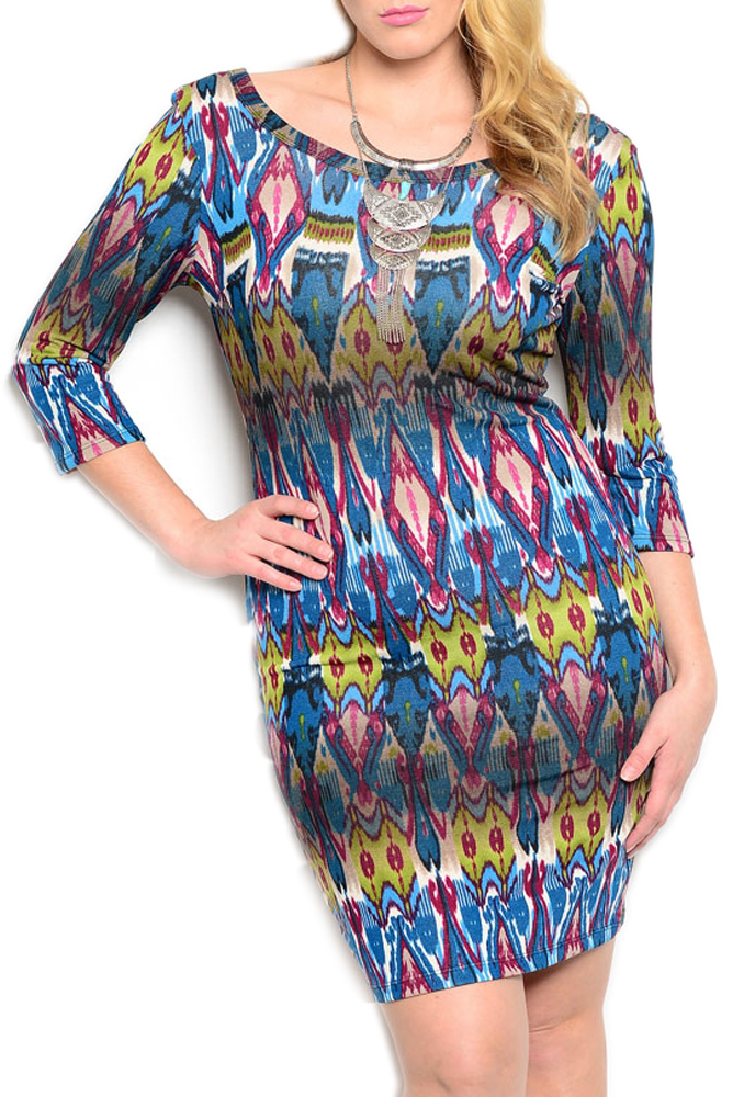 DHStyles.com DHStyles Women's Teal Purple Plus Size Demure Abstract Print Scoop Back Quarter Sleeve Dress - 1X