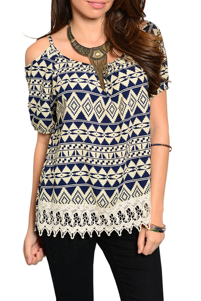 DHStyles.com DHStyles Women's Navy Taupe Trendy Tribal Print Crocheted Hem Cold Shoulder Top - Large