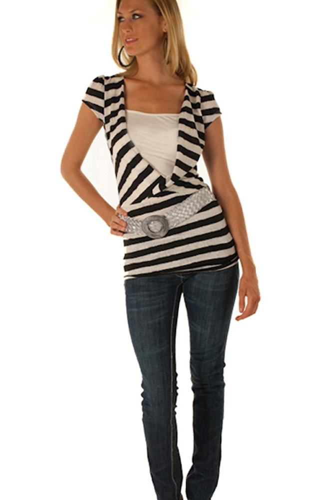 DHStyles.com DHStyles Women's Black Ivory Cowl Neck Striped Sweater Top with Belt - Medium