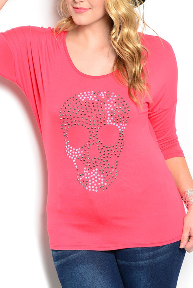 DHStyles.com DHStyles Women's Coral Plus Size Casual Soft Knit Embellished Skeleton Face Scoop Neckline Top - 2X Plus
