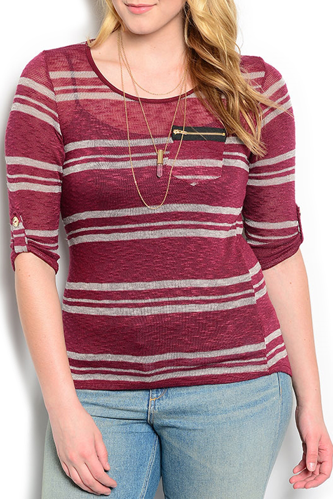 DHStyles.com DHStyles Women's { BEST SELLER } Wine Gray Plus Size Trendy Sheer Striped Pocket Casual Top