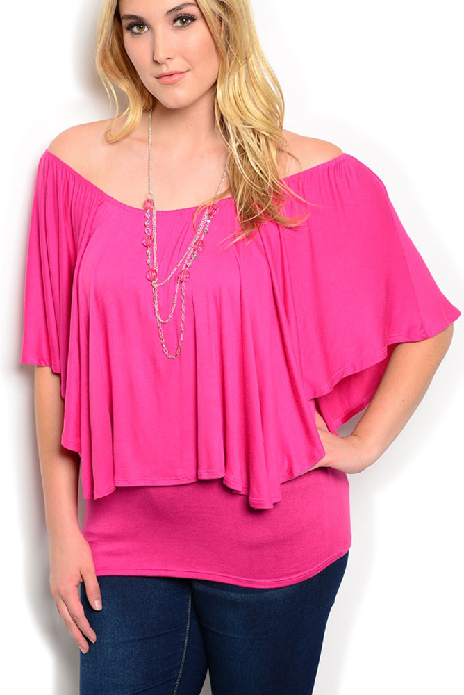 DHStyles.com DHStyles Women's Fuchsia Plus Size Sexy Fitted Layered Off The Shoulder Top With Necklace - 2X Plus