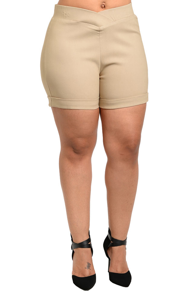 DHStyles.com DHStyles Women's Beige Plus Size Trendy Fitted Stretch Knit Mini Shorts - 1X