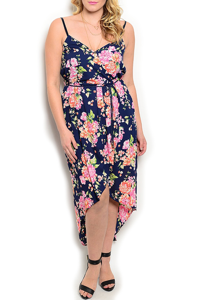 DHStyles.com DHStyles Women's Navy Pink Plus Size Trendy Girly Floral Sleeveless High-Low Party Dress - 2X Plus