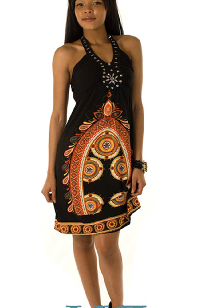 DHStyles.com DHStyles Women's Black Orange Kaleidoscope India Halter Summer Dress