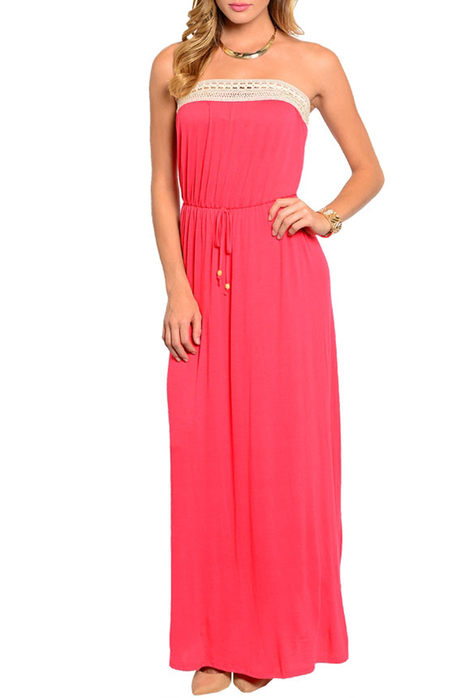 DHStyles.com DHStyles Women's Coral Trendy Crocheted Trim Strapless Knit Maxi Dress - Small