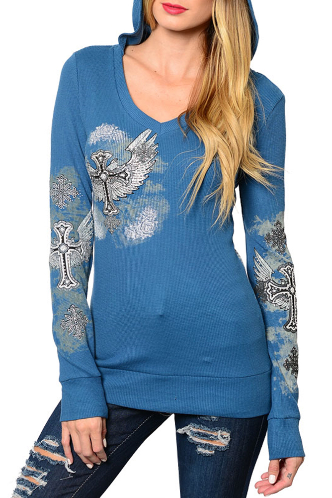 DHStyles.com DHStyles Women's Teal Trendy Knit Winged Cross Graphic Hoodie Top