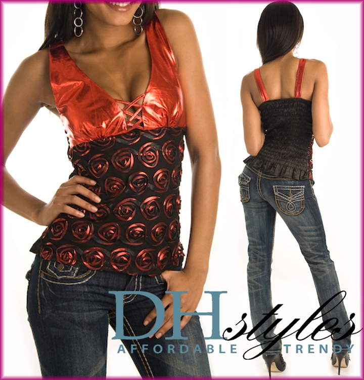 Black Red Empire Corset Smocked Shimmer Top
