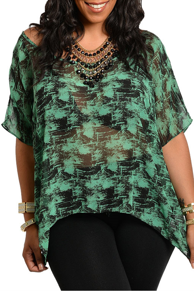 DHStyles.com DHStyles Women's Black Green Plus Size Trendy Scoop Neck Paint Brush Print Flowy Top - 1X