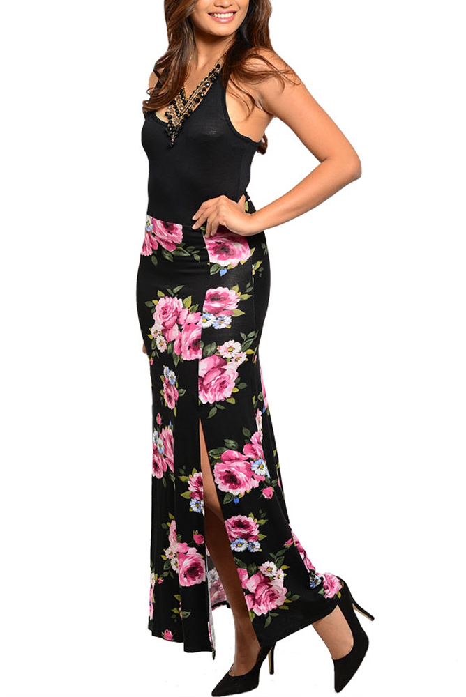 DHStyles.com DHStyles Women's Black Pink Trendy Flirty Floral Split Leg Maxi Dress - Large