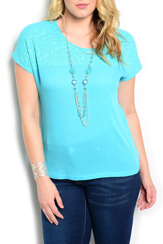 DHStyles.com DHStyles Women's Blue Plus Size Trendy Dressy Floral Lace Top with Necklace