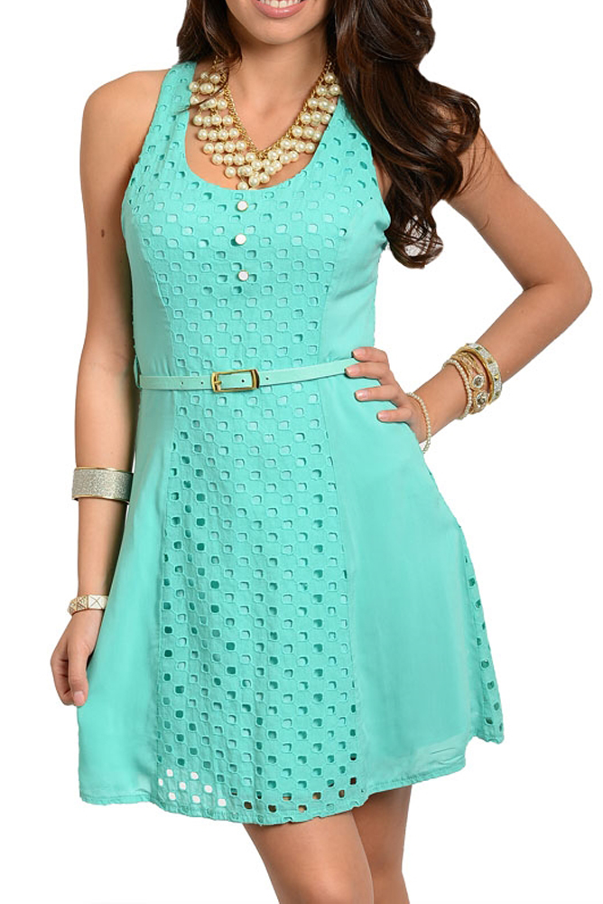 DHStyles.com DHStyles Women's Jade Flirty Eyelet Open Back Sleeveless Party Dress with Belt - Large
