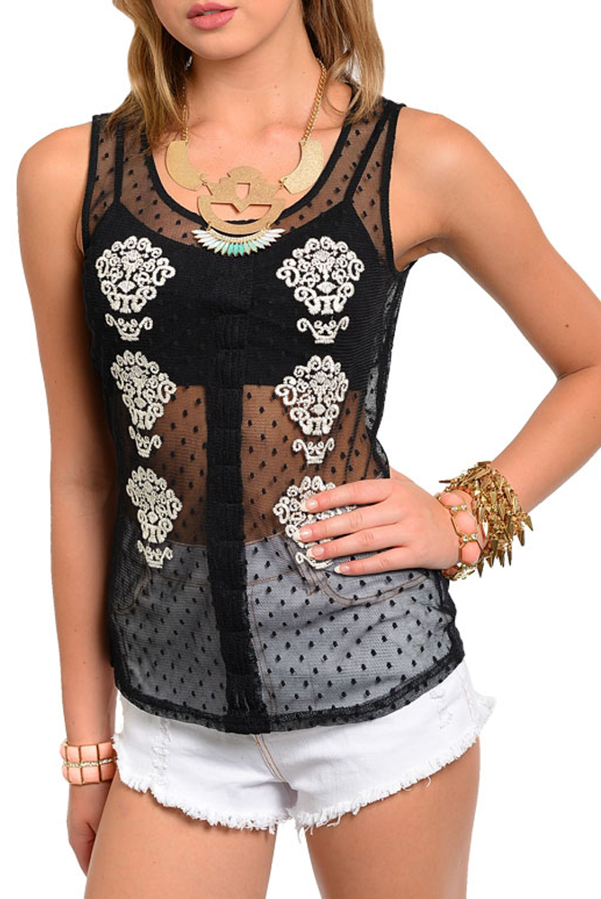 DHStyles.com DHStyles Women's Black Sexy Sheer Unique Abstract Print Polka Dot Top