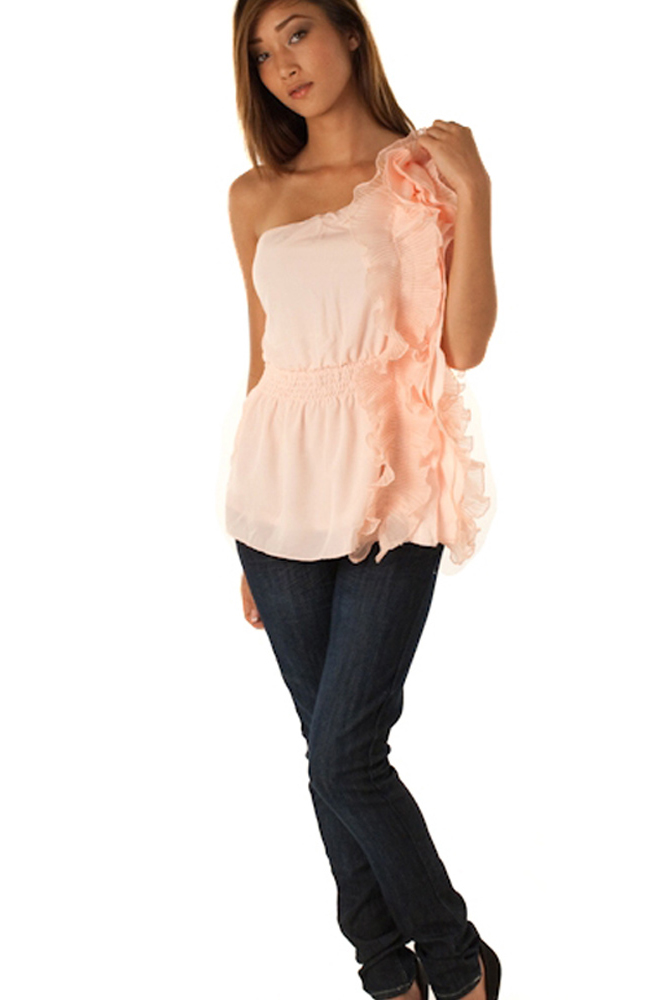 DHStyles.com DHStyles Women's Pink Flirty Ruffled One Shoulder Top