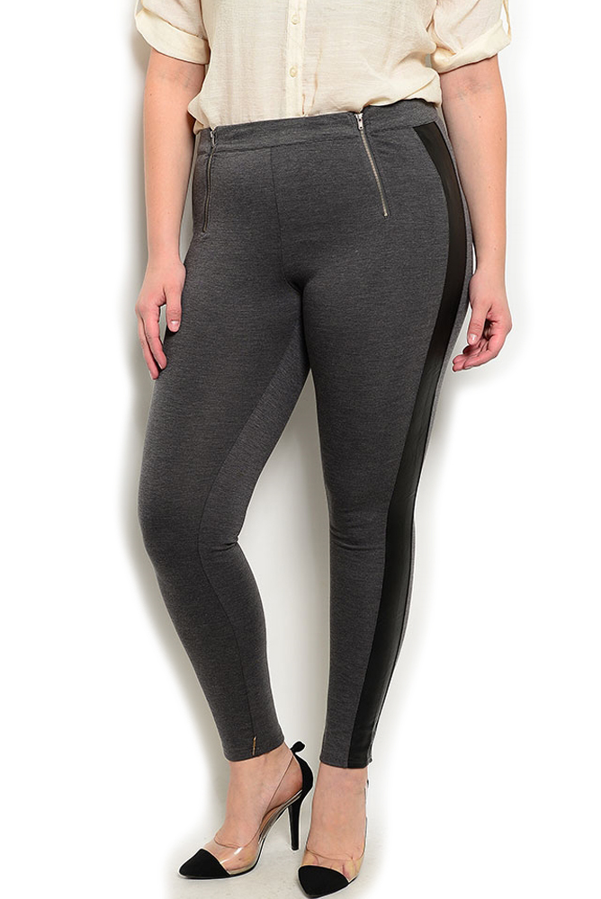 DHStyles.com DHStyles Women's [BEST SELLER] Charcoal Black Plus Size Sexy Fitted Zipper Pleather Striped Skinny Jeggings
