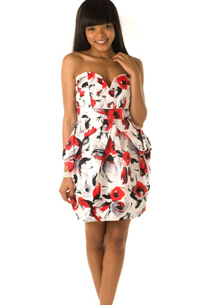 DHStyles.com DHStyles Women's White Red Strapless Trendy Painted Roses Sweetheart Bubble Dress - Small