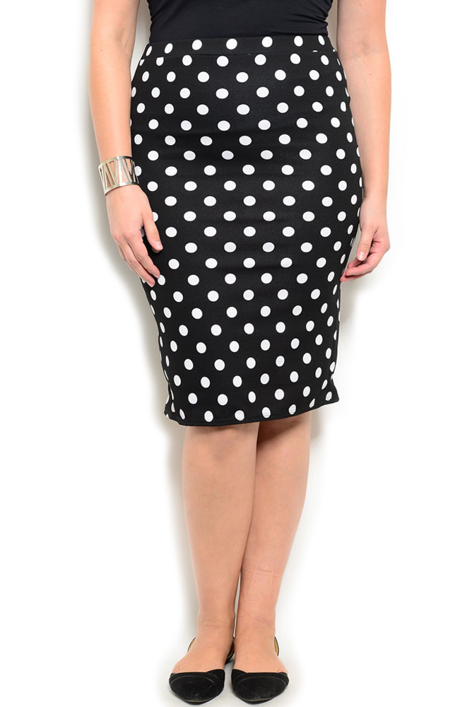 DHStyles.com DHStyles Women's Black White White Plus Size Trendy Fitted Polka Dot Knee Length Skirt - 2X Plus
