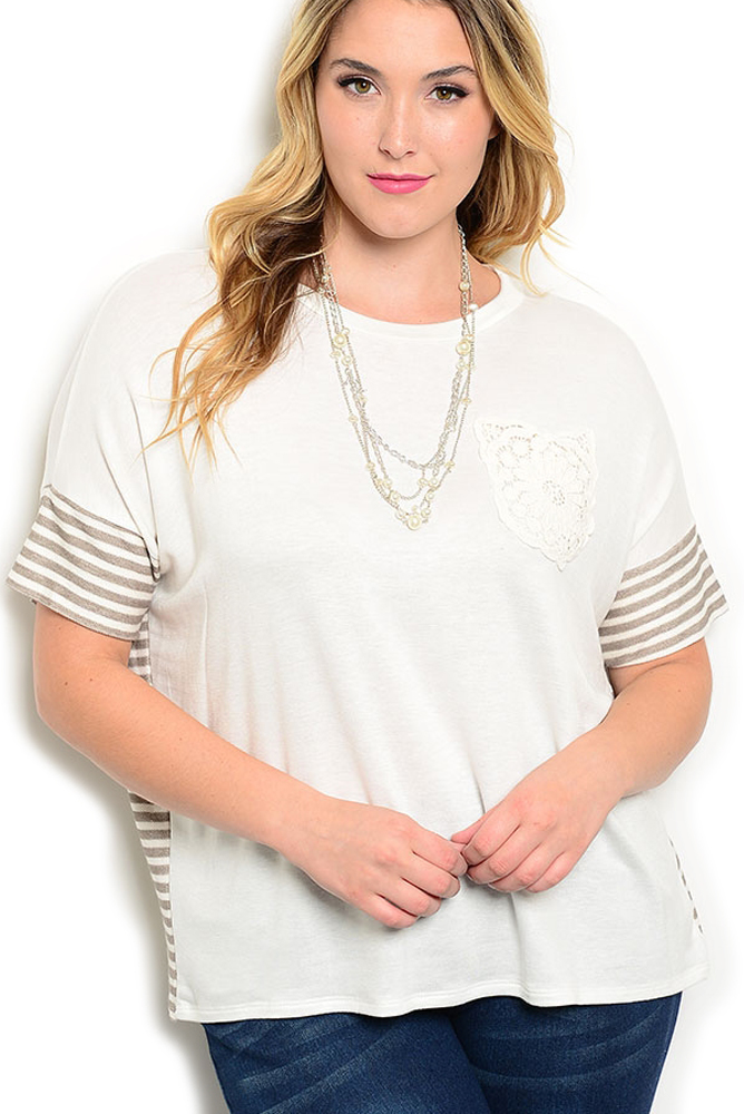 DHStyles.com DHStyles Women's Ivory Gray Plus Size Trendy Sheer Striped Crochet Pocket High-Low Top - 3X Plus