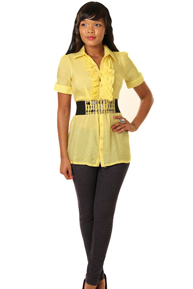 DHStyles.com DHStyles Women's Yellow Dressy Ruffled Sheer Buttont Front Top with Belt - Large