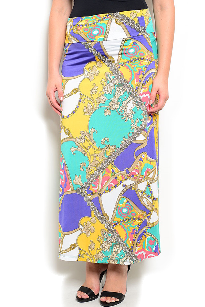 DHStyles.com DHStyles Women's Purple Yellow Plus Size Trendy Slinky Fold Over Printed Maxi Skirt - 1X Plus