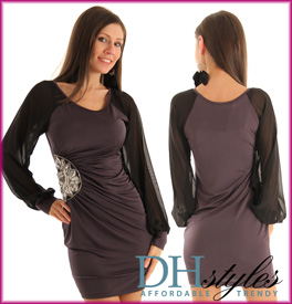 Chic Embellished Satin Long Sleeve Dress