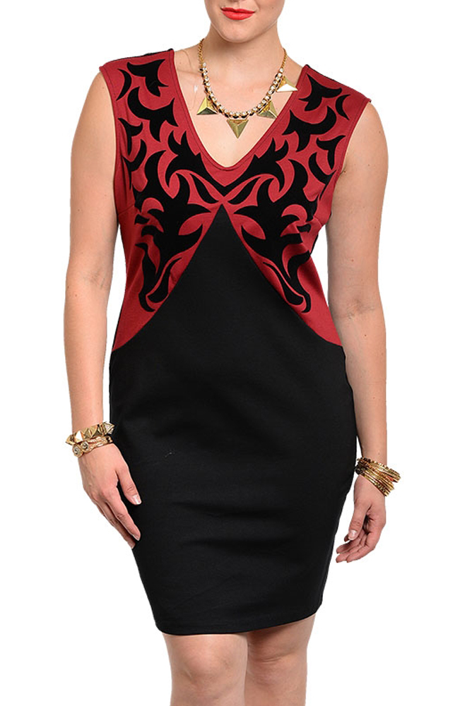 DHStyles.com DHStyles Women's Black Burgundy Plus Size Sexy Trendy Scroll Print Fitted Party Dress - 2X