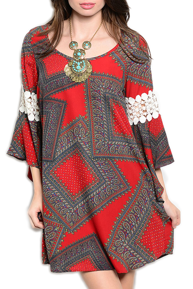 DHStyles.com DHStyles Women's Red Green Vintage Crochet Bell Sleeve Paisley Print Dress - XSmall