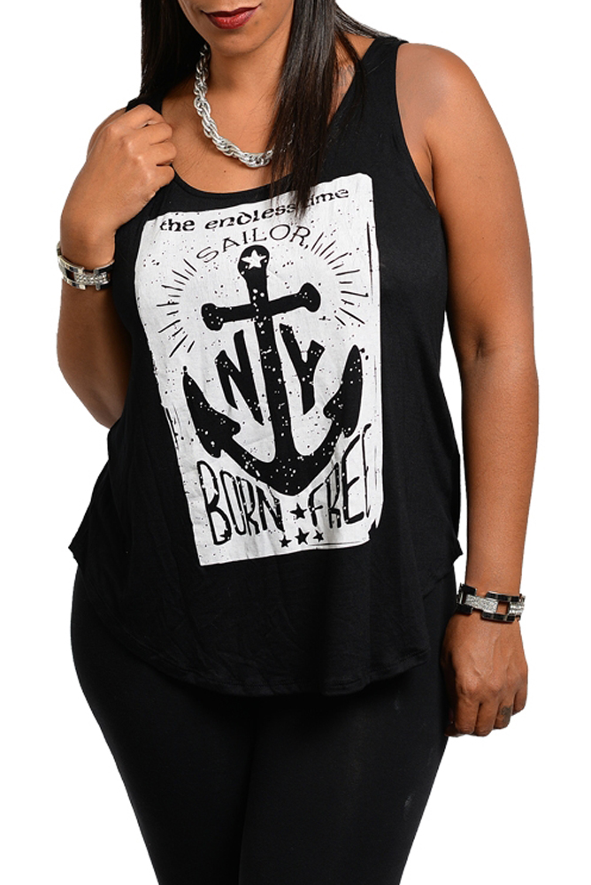 DHStyles.com DHStyles Women's Black Trendy Plus Size Strappy Back Anchor Graphic Print Tank Top - 2X