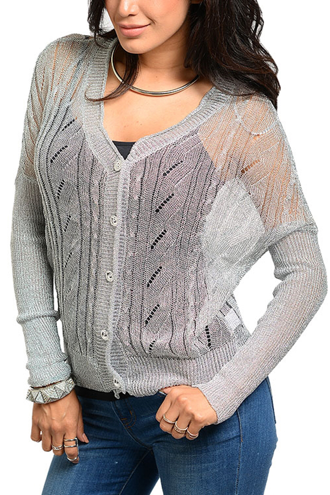 DHStyles.com DHStyles Women's Silver Sexy Trendy Sheer Button Down Metallic Sweater Top - M-L