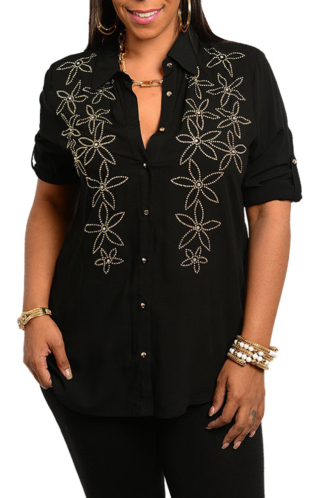 DHStyles.com DHStyles Women's [HOT SELLER] Black Plus Size Trendy Floral Studded Button Down Top