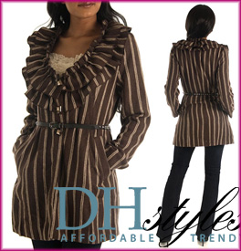 Posh Pinstriped Ruffle Trench Jacket/Coat with Belt