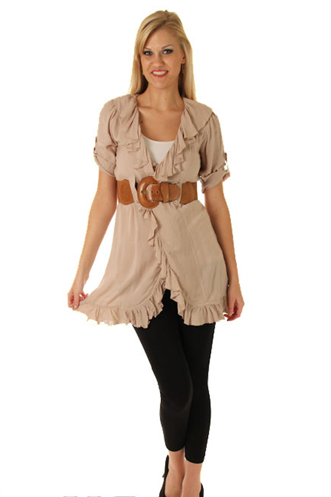 DHStyles.com DHStyles Women's Taupe Girly Sheer Ruffled Cap Sleeve Vest with Belt - Small