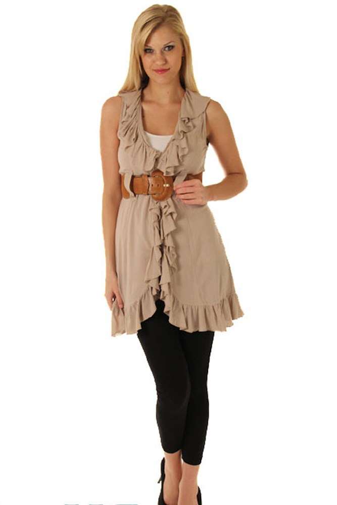DHStyles.com DHStyles Women's Taupe Ruffled Open Front Sleeveless Trench Vest with Belt - Medium