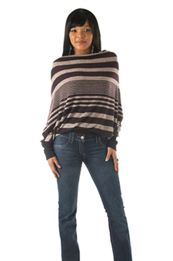 DHStyles.com DHStyles Women's Plum Gray Trendy Striped Button Back Knit Poncho Sweater Top - Medium