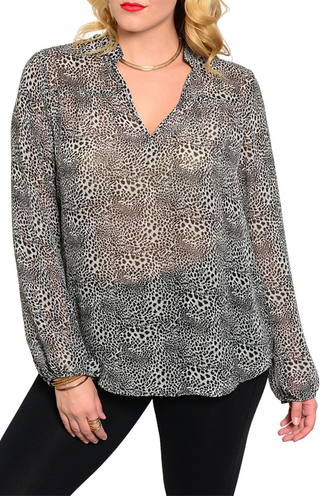 DHStyles.com DHStyles Women's Black Gray Plus Size Classy Sheer Chiffon Animal Print Three Buttoned Top