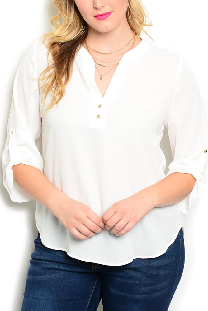 DHStyles.com DHStyles Women's Ivory Plus Size Dressy Sexy Button Front Rolled Cuff Top - 2X Plus