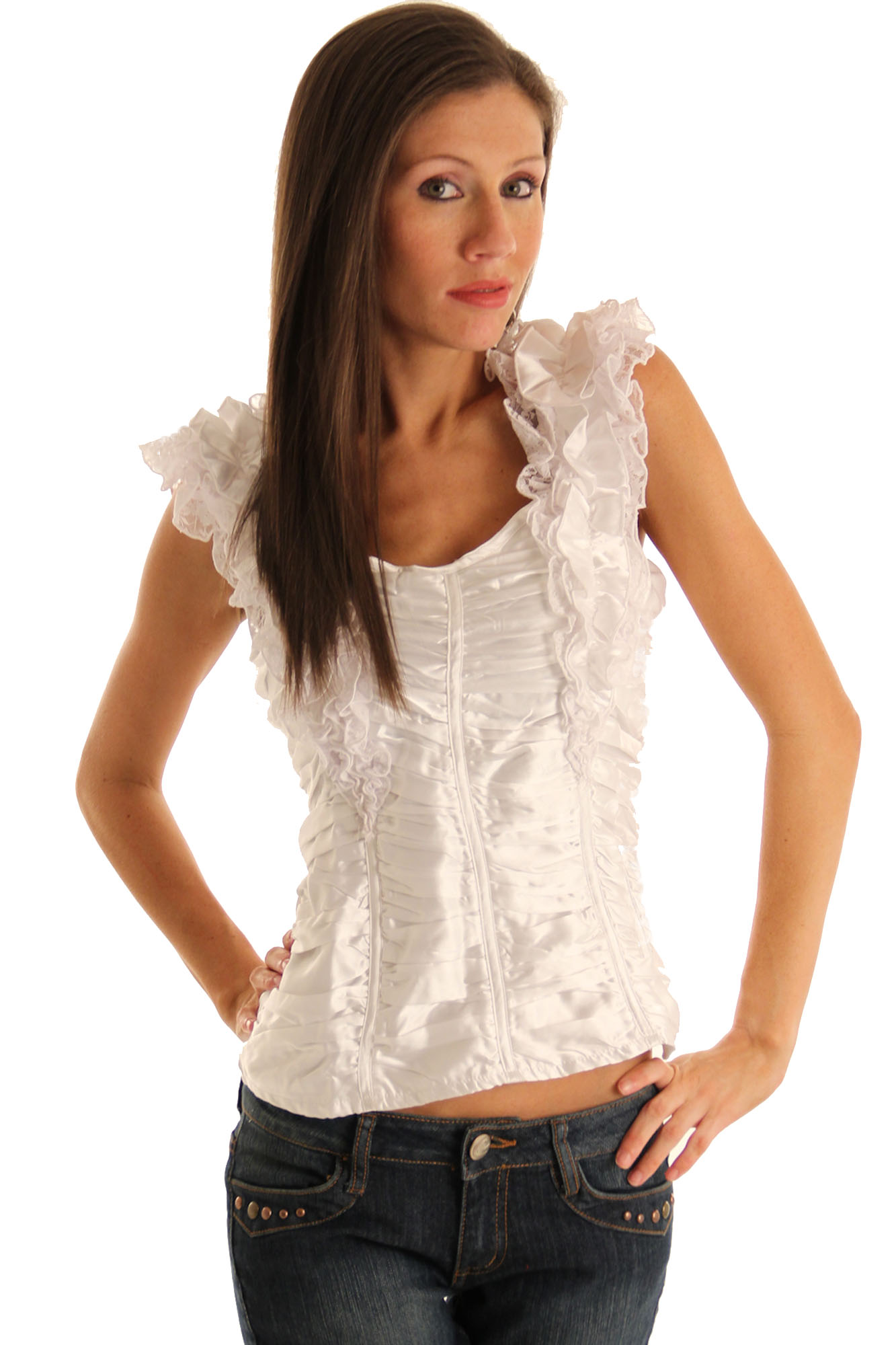 DHStyles.com DHStyles Women's White Romantic Ruffled Satin and Lace Top - Medium