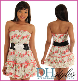 Cute Tiered Pansy Print Tube Dress W/Belt