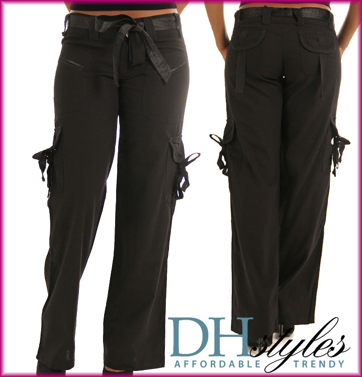 Black Knit Relaxed Cargo Pants with Belt - Large