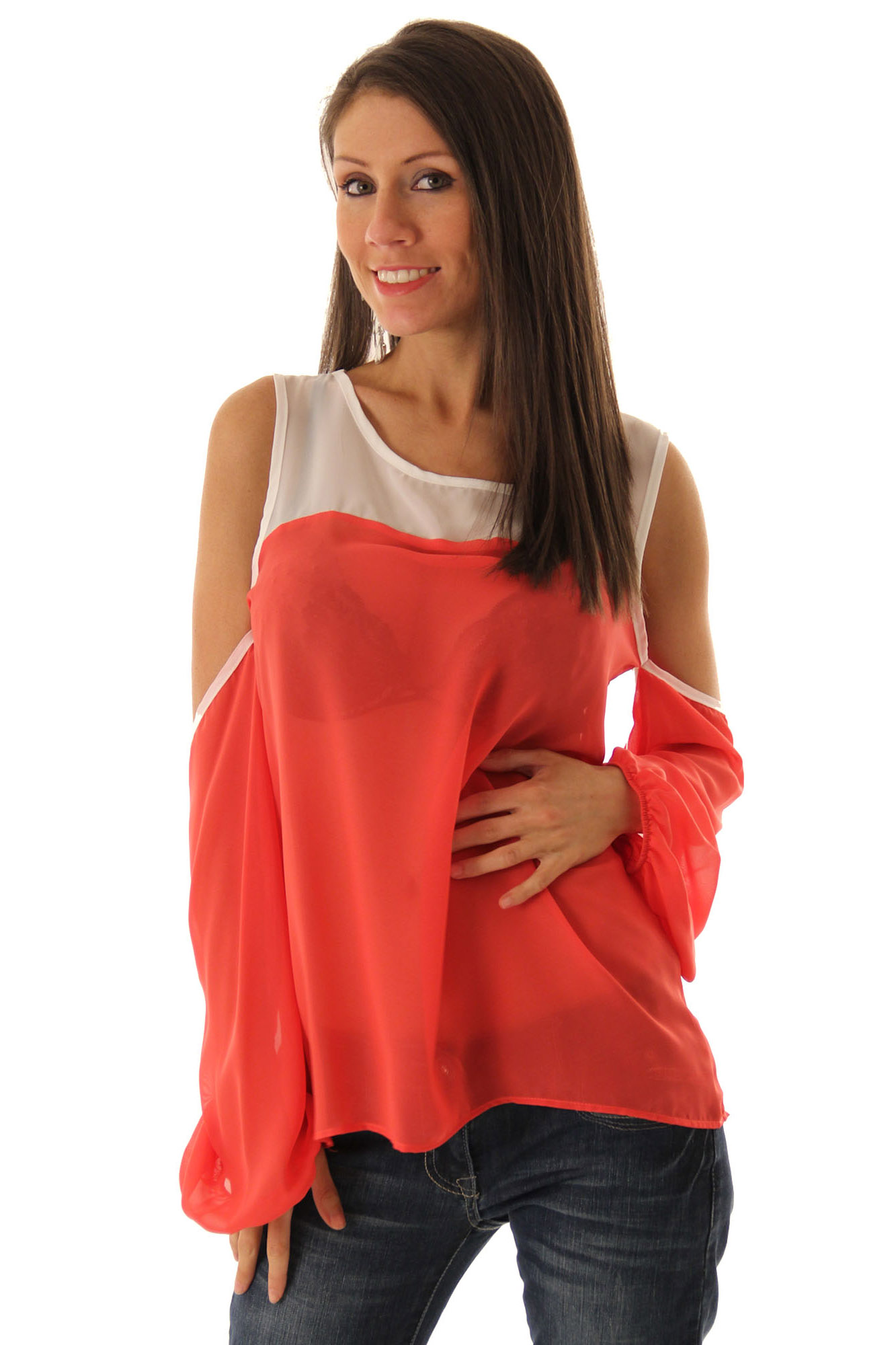 DHStyles.com DHStyles Women's Coral White Trendy Sheer Cold Shoulder Tunic Top - Medium