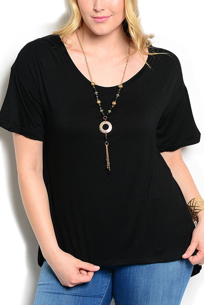 DHStyles.com DHStyles Women's Black Ivory Plus Size Classy Sheer High Low Split Back Top With Necklace