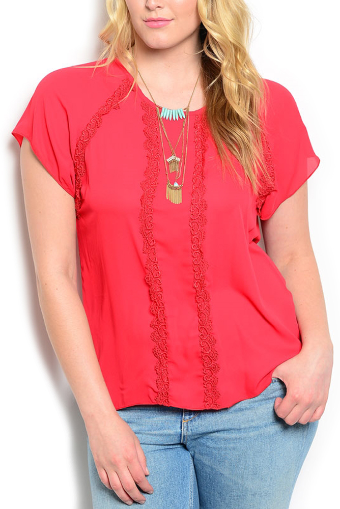 DHStyles.com DHStyles Women's Red Plus Size Casual Sexy Sheer Crocheted Front Top - 1X Plus