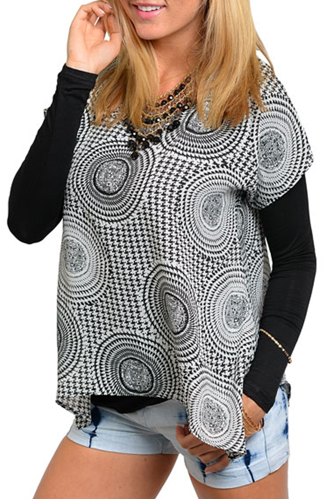 DHStyles.com DHStyles Women's Black White Sexy Chiffon Abstract Print Flowy Top